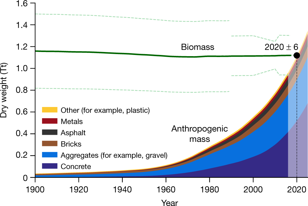 Area chart showing anthropogenic mass overtaking the dry weight of all biomass around 2020.